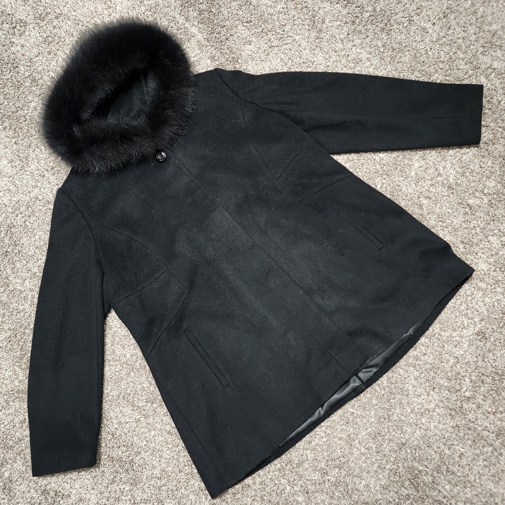 SACHI Lambs Wool REAL FINNISH FOX FUR Trimmed Collar Formal Winter Coat 1X - Picture 2 of 9